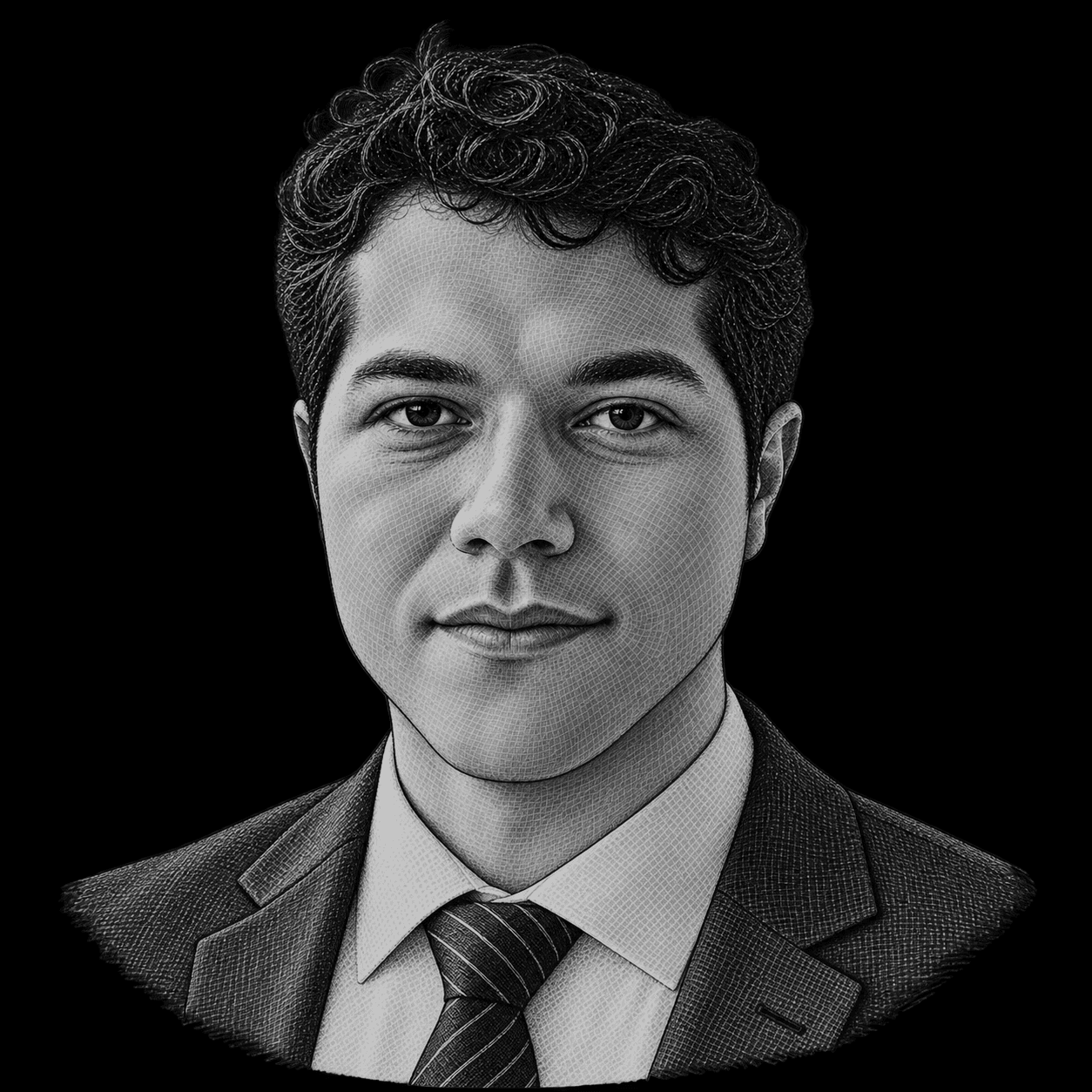 Fine-line portrait of Federico Leyva in a suit, white shirt and striped tie