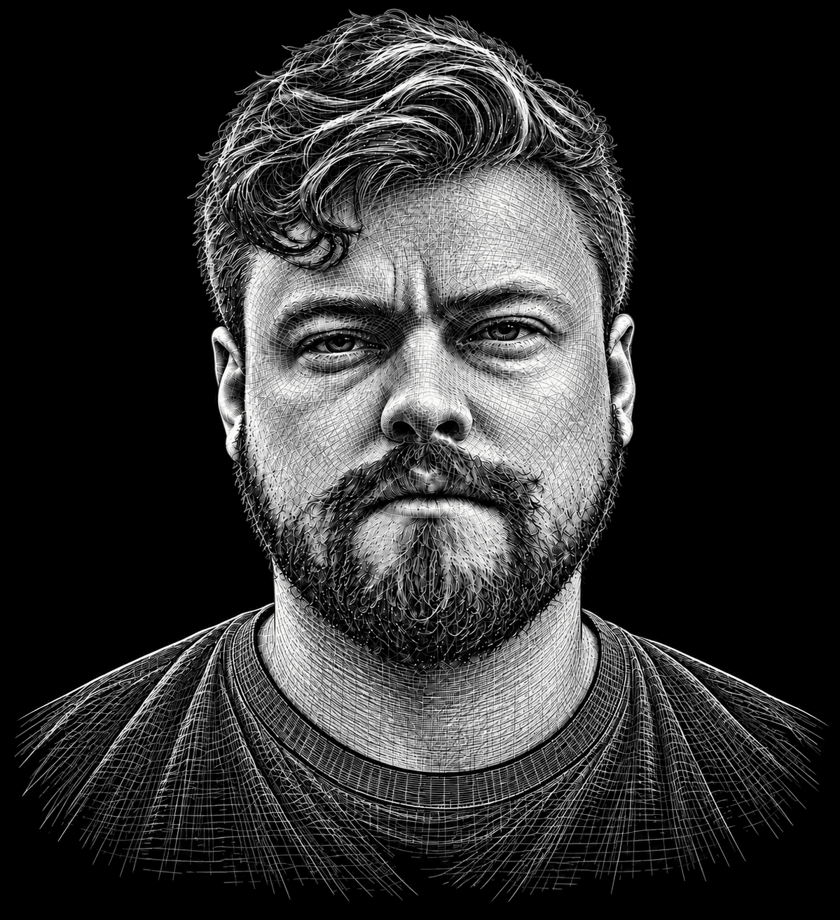 Fine-line portrait of Pedro Alves, including his shoulders and shirt